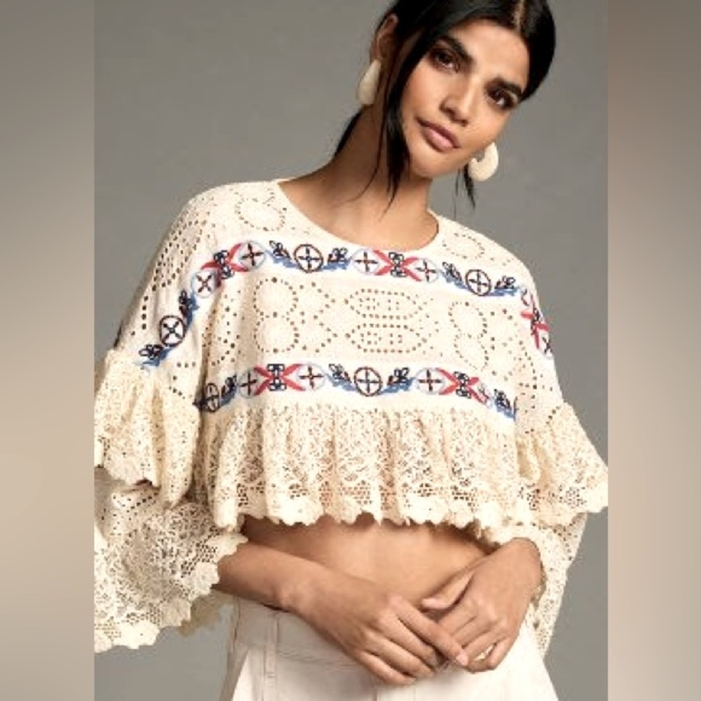 ANTHROPOLOGIE Ruffle Lace Shrug in Cream Size M/L - Picture 1 of 15
